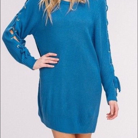 Blue Lace Up Sleeve Sweater Pull Over Sweater Dress by Listicle Knit Dress NWT - Picture 2 of 4